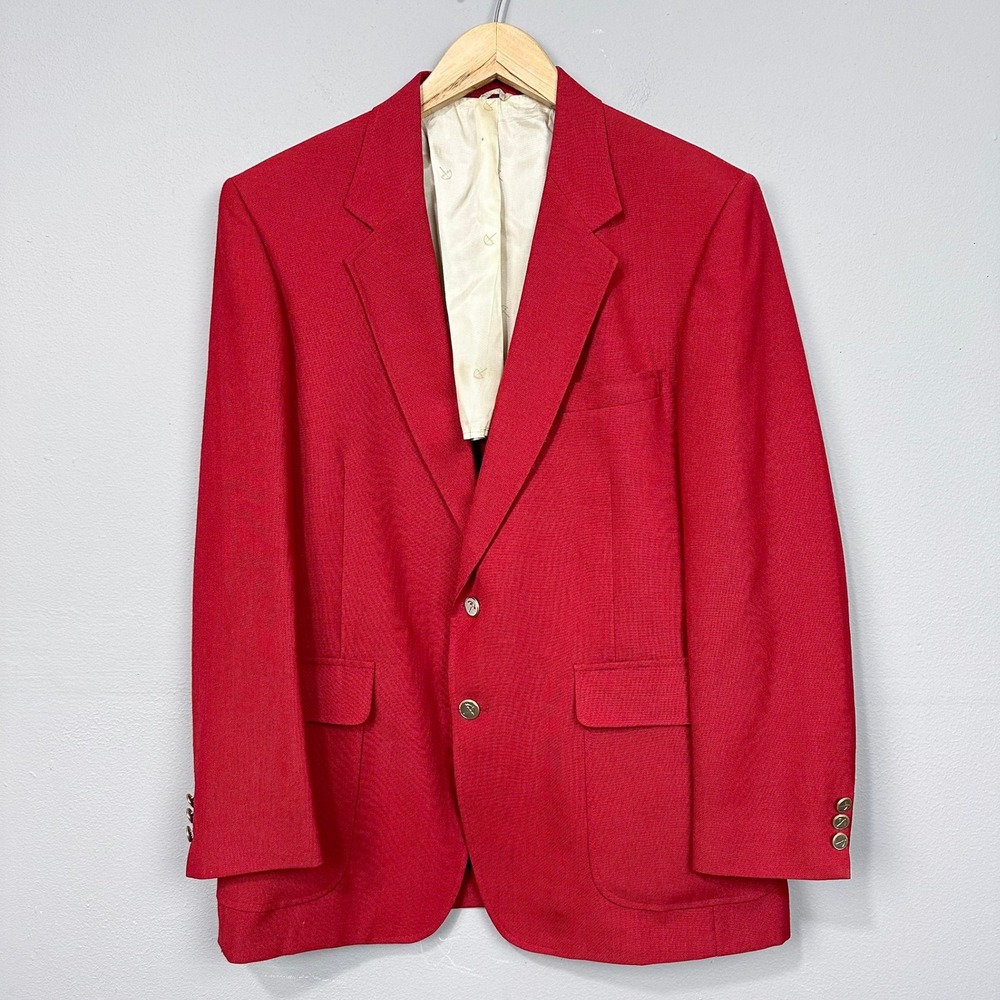 Vintage Blazer Mens Size 44R Red Wool Blend Two Button Gold Umbrella Sport Coat